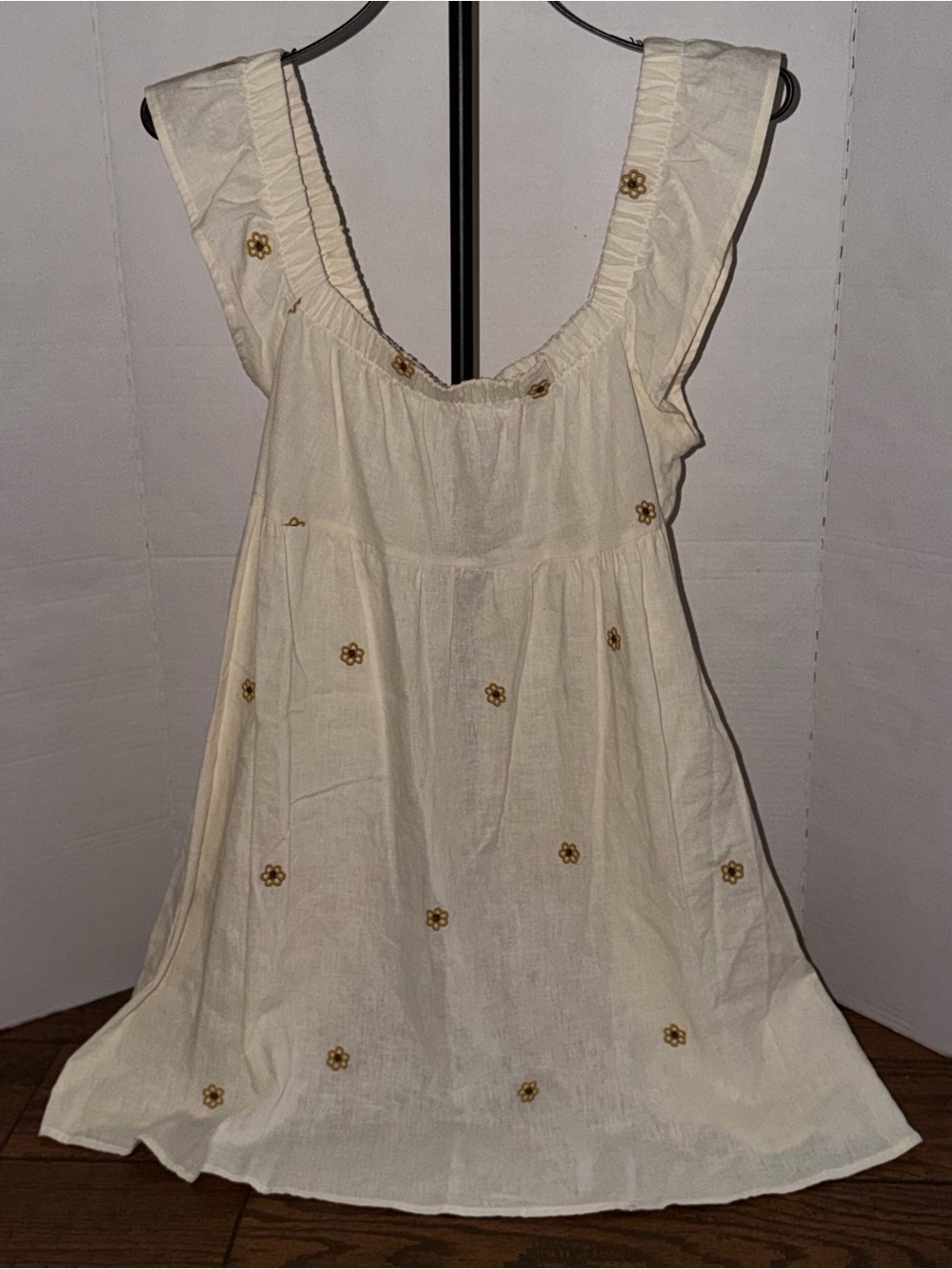 Linen Blend Cream Embroidered Floral Dress